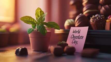 A small potted plant with a note saying "World Chocolate Day" si