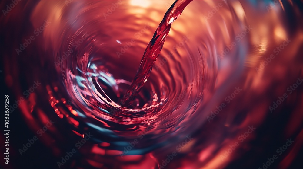 Poster a close-up of red liquid swirling in a glass, creating a mesmerizing vortex of color.