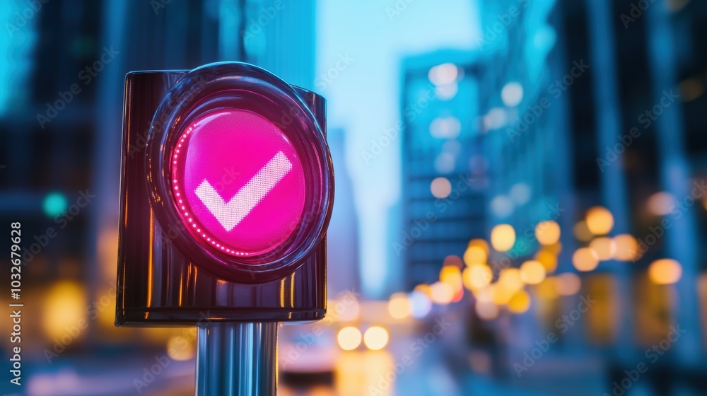 Wall mural a red checkmark on a traffic light, representing the successful completion of a traffic signal cycle