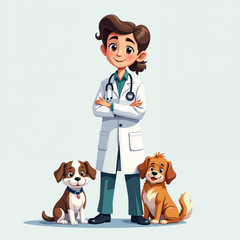 Cartoon illustration of a female doctor standing between two dogs, one brown and one tan.