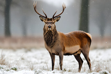 Majestic deer with large antlers standing in snow-covered field, winter wildlife photography, peaceful nature, snow falling, beautiful scene, wild animal portrait, serene landscape