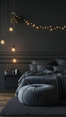 Obraz premium a room where all the elements are the same grey color in evening atmosphere and warm lighting: grey walls, a grey minimalist bed with grey cotton sateen bed linen