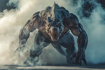 fantasy aggressive monster dinosaur, muscular and strong giant reptilian beast