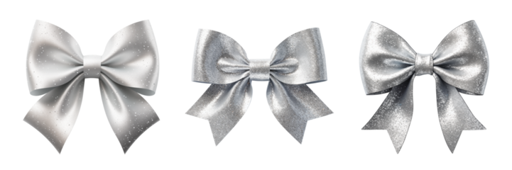 Shiny silver satin ribbon bows with glitter details isolated on white background