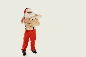 Bad Santa Claus with pizza boxes. Retro style.
