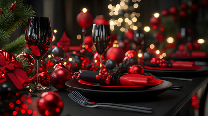 Elegant Christmas table setting with red and black decorations, 3D illustration