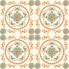 Floral seamless pattern with vintage style and ornate design, featuring decorative flowers and intricate elements perfect for wallpaper or fabric.