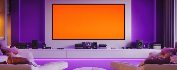 A large purple and white entertainment room with a wall-mounted orange LED screen surround sound system and plush seating