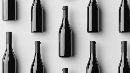 A flat lay of black wine bottles on a white background, a minimalist approach to showcasing the beverage.