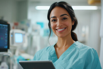 Fototapeta premium Smiling nurse using tablet in hospital setting: modern healthcare and technology