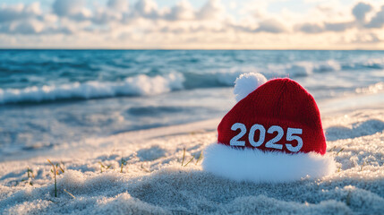 Festive red hat with 2025 on sandy beach by the ocean