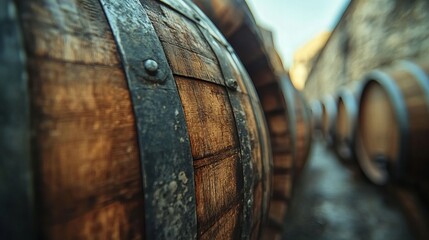 Close-up of wooden barrels with metal bands. The barrels are lined up in a row, creating a sense of depth and mystery.