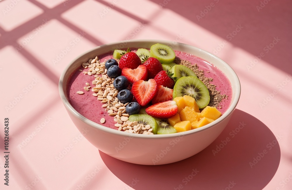 Canvas Prints healthy breakfast smoothie bowl with mixed fruits and seeds on pink background