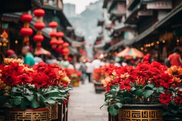 Vibrant streets adorned with red lanterns and floral displays for a joyous celebration