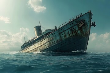 Fototapeta premium abandoned sinking ship wreckage at the open ocean, shipwreck