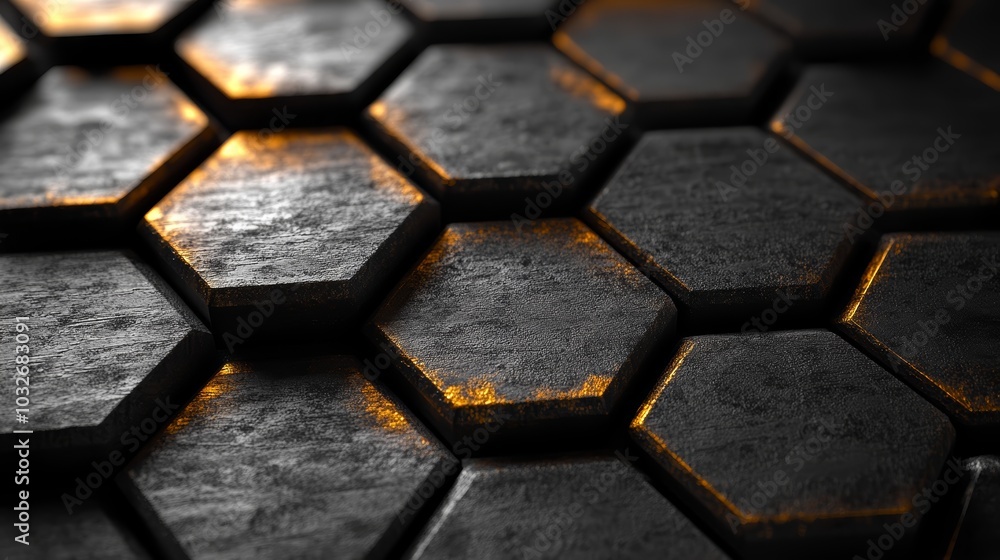 Aufkleber close-up of hexagonal metallic tiles with a textured surface and warm lighting.