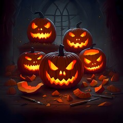 Spooky Jack-o'-Lanterns Illuminating Dark Halloween Night