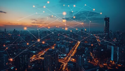 Wireless network technology connecting a modern cityscape with a futuristic design
