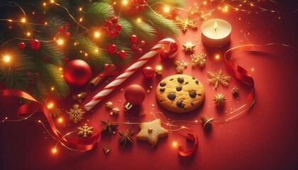 Christmas composition on a red background with cookies and gold elements