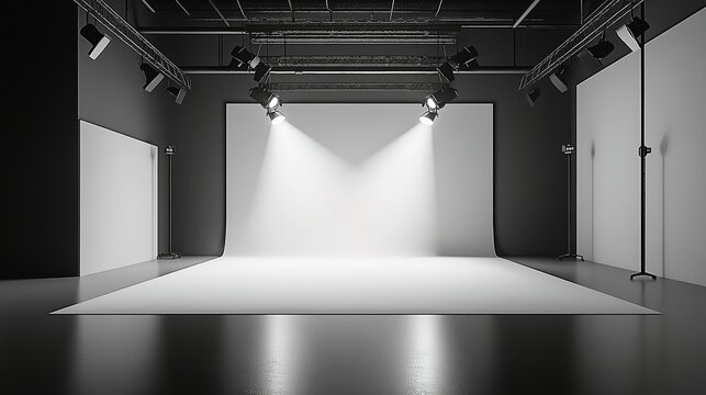 Minimalist studio with smooth grey floor and white cyc wall, dramatically lit by spotlights creating a subtle gradient effect. A perfect space for photography and creative projects