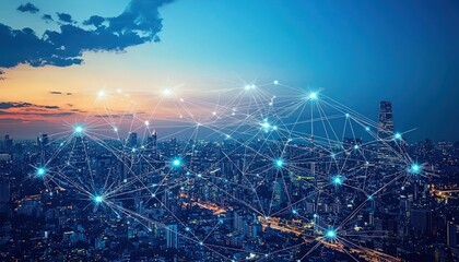 Wireless network technology connecting a modern cityscape with a futuristic design