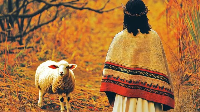 Shepherd and lamb in autumnal meadow with traditional poncho and crown of thorns