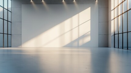 Fototapeta premium Minimalist studio with smooth grey floor and white cyc wall, dramatically lit by spotlights creating a subtle gradient effect. A perfect space for photography and creative projects