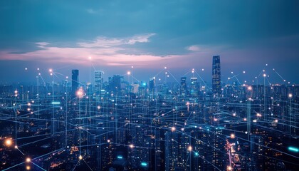 Fototapeta premium Wireless technology concept with a futuristic cityscape backdrop and data communication lines