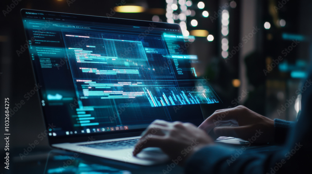 Poster a person coding on a laptop with colorful screen data and blurred lights in the background at night