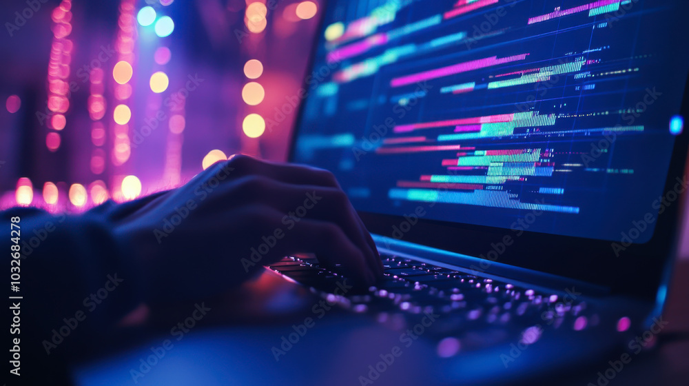 Poster a person coding on a laptop with colorful screen data and blurred lights in the background at night