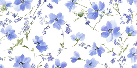 Fototapeta premium Blue Delphinium Watercolor Pattern on White Background, Elegant Floral Design