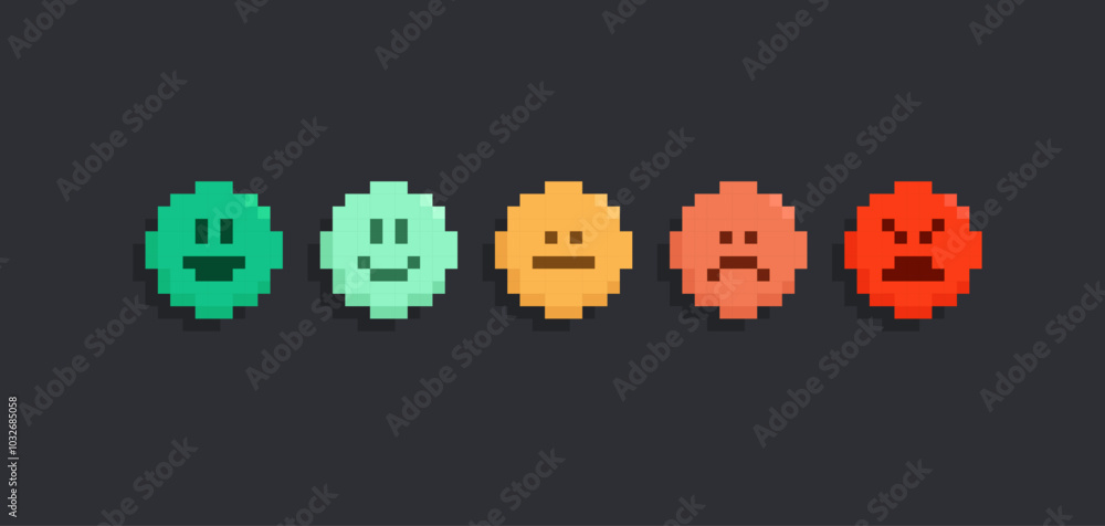 Poster pixel feedback rating emotions icons with mood scale in 8-bit retro video game style - editable vect