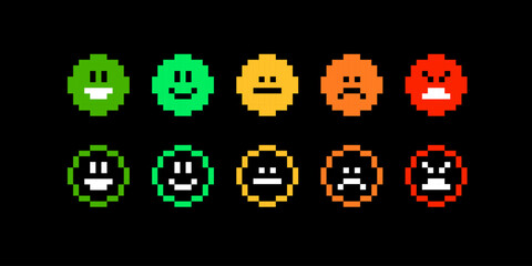 Pixel feedback rating emotions  icons in 8-bit retro video game style. Mood rank emoticons icons. Editable vector graphics