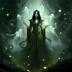 Fototapeta premium Mystical Sorceress Summoning Ghostly Spirits in Forest Night