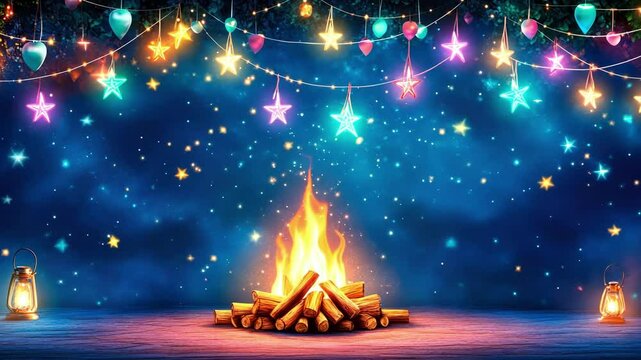 Enchanted night: cozy campfire under starry string lights in a magical forest setting