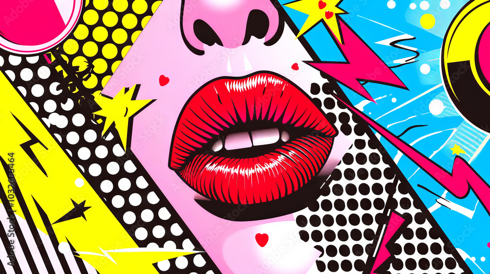 Aufkleber vibrant pop art style abstract background featuring bold red lips and colorful geometric patterns. c