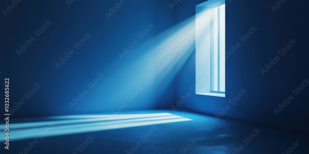 Poster serene abstract blue background in an empty corner of a room with soft light rays illuminating the s