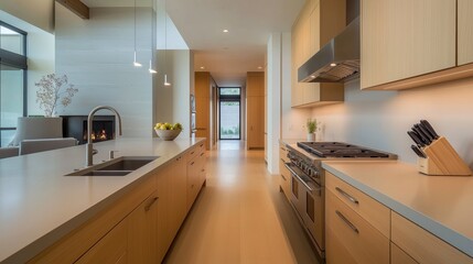 Fototapeta premium minimalist kitchen with natural wood cabinetry, beige countertops, and soft lighting, giving the space a warm, inviting vibe.