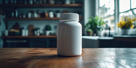 White supplement bottle on wooden table in kitchen. Product packaging mockup with space for brand.