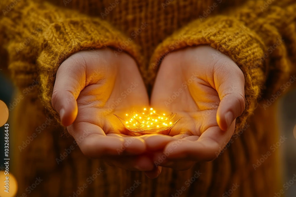 Poster close up of hands cupping a glowing golden light symbolizing creation magic and transformation in a 