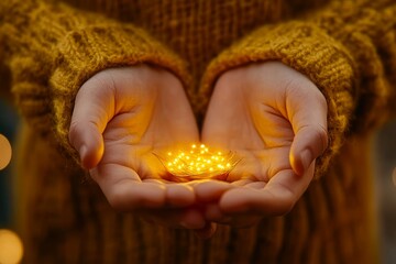 Close up of hands cupping a glowing golden light symbolizing creation magic and transformation in a peaceful radiant moment