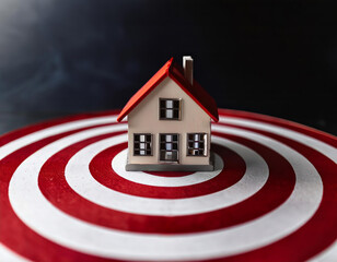 Miniature house is standing on the center of a target, representing the concept of real estate investment and achieving property goals
