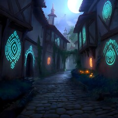 Mystical Cobblestone Alley Illuminated by Ethereal Lights at Night