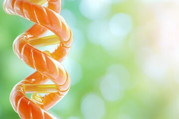 Close-up of an orange, curly DNA spiral with natural lighting and a blurred background