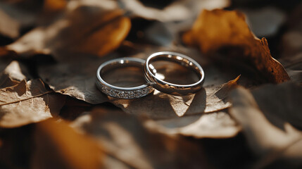 Two elegant wedding rings rest gently in a natural setting, symbolizing the unity of marriage, eternal love, and the connection between human bonds and the beauty of nature
