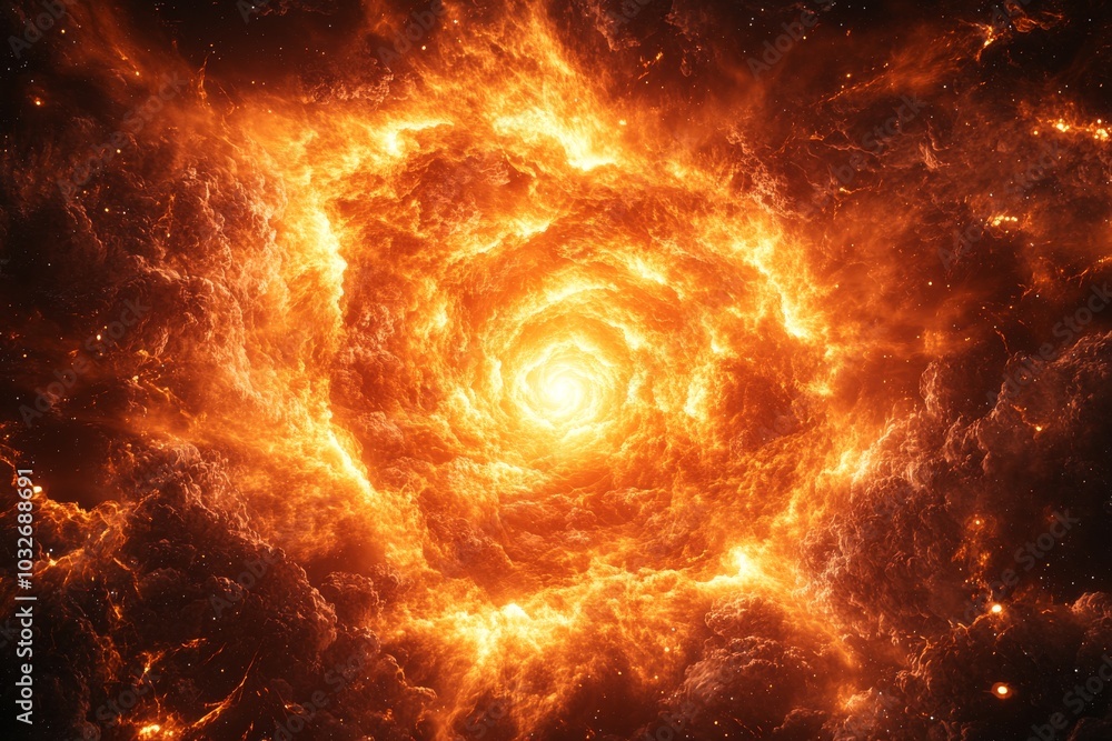 Poster fiery cosmic swirl symbolizing the birth of a galaxy representing energy creation and the mysteries 