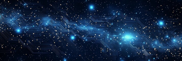 Fototapeta premium Exploring a vibrant cosmic landscape filled with stars and digital circuitry connections
