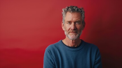Naklejka premium Relaxed Middle-Aged Man in Blue Sweater Against Vibrant Red Backdrop for Portrait and Design Use