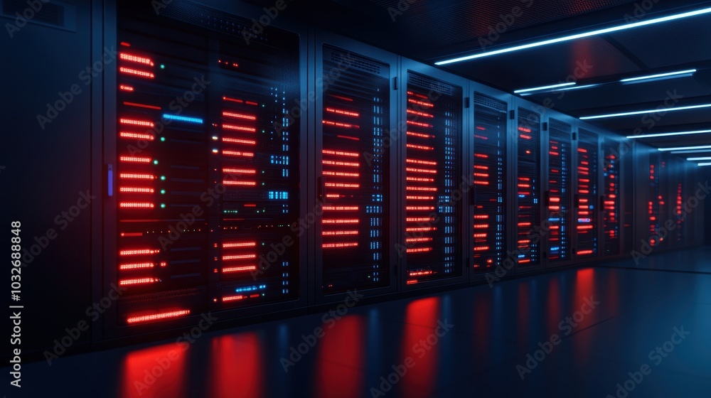 Poster network server room with blue and red led lights. data center infrastructure concept.