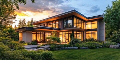 Stunning Exterior View of a Contemporary House Featuring Expansive Windows Surrounded by Lush Greenery at Sunset